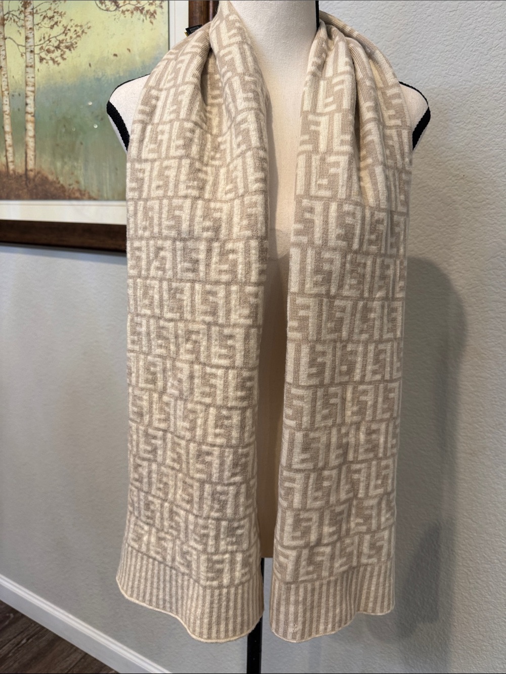 Authentic Fendi Beige & Cream Signature FF Knitted Scarf